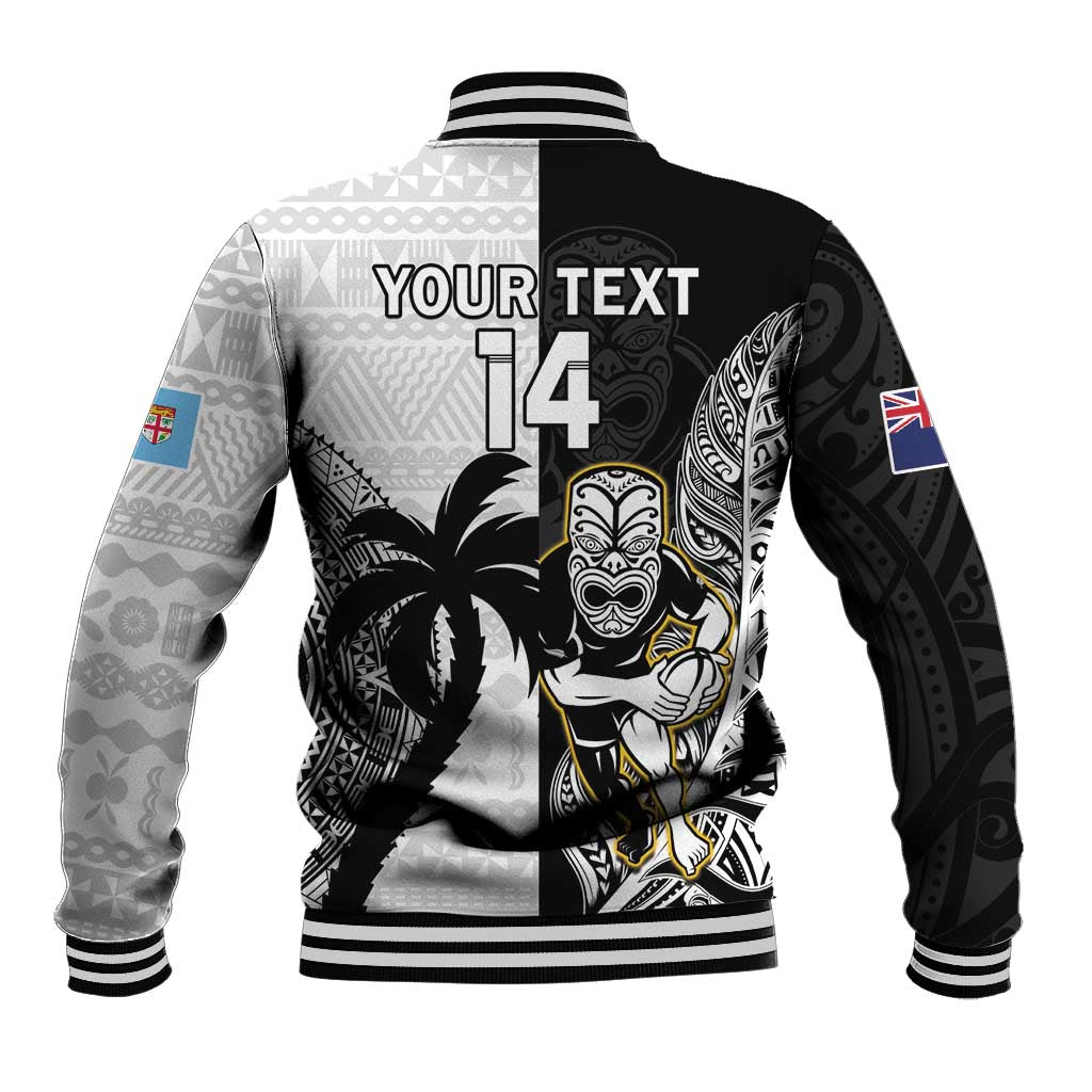 Custom Fiji And New Zealand Rugby Baseball Jacket Aotearoa Silver Fern Mix Fijian Tapa Pattern LT14 - Polynesian Pride