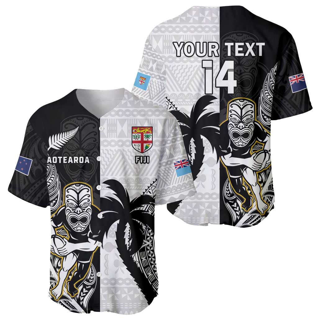 Custom Fiji And New Zealand Rugby Baseball Jersey Aotearoa Silver Fern Mix Fijian Tapa Pattern LT14 - Polynesian Pride