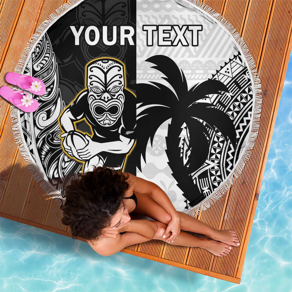 Custom Fiji And New Zealand Rugby Beach Blanket Aotearoa Silver Fern Mix Fijian Tapa Pattern LT14 - Polynesian Pride