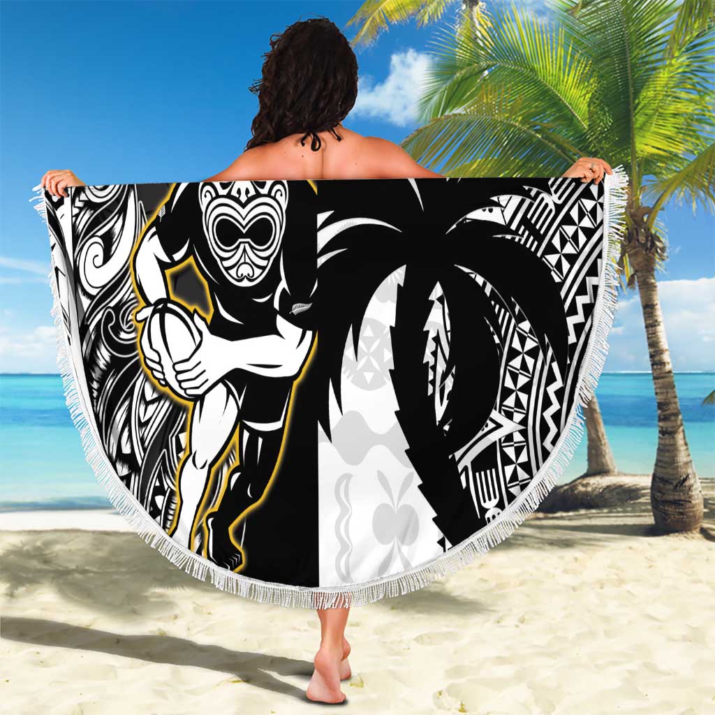 Custom Fiji And New Zealand Rugby Beach Blanket Aotearoa Silver Fern Mix Fijian Tapa Pattern LT14 - Polynesian Pride