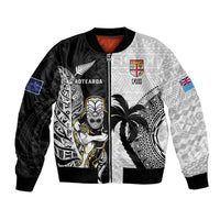 Custom Fiji And New Zealand Rugby Bomber Jacket Aotearoa Silver Fern Mix Fijian Tapa Pattern LT14 Unisex Black - Polynesian Pride