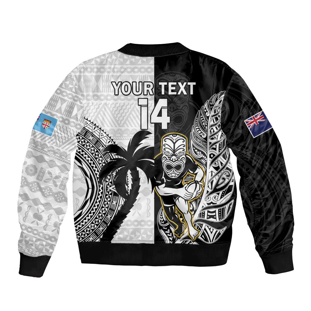 Custom Fiji And New Zealand Rugby Bomber Jacket Aotearoa Silver Fern Mix Fijian Tapa Pattern LT14 - Polynesian Pride