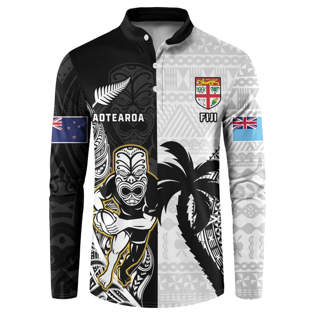 Custom Fiji And New Zealand Rugby Button Sweatshirt Aotearoa Silver Fern Mix Fijian Tapa Pattern LT14 Black - Polynesian Pride