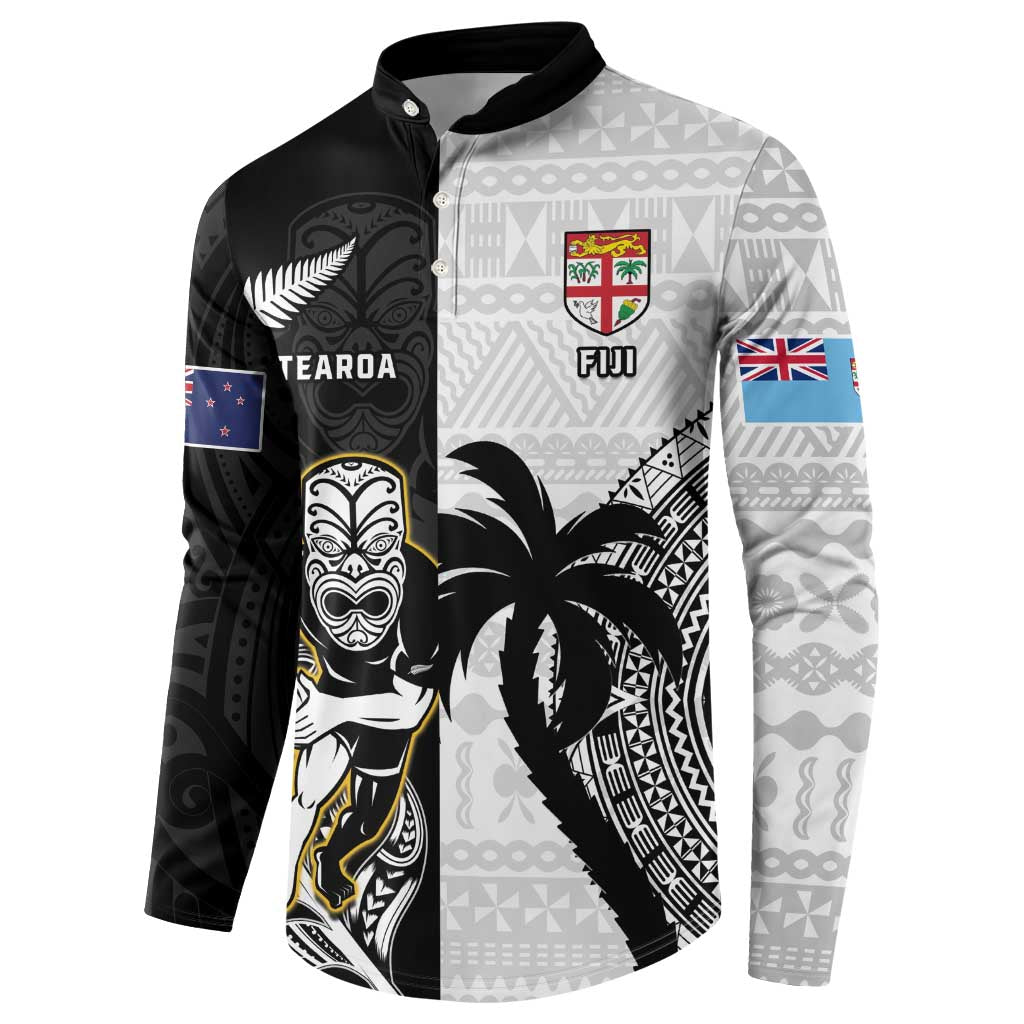 Custom Fiji And New Zealand Rugby Button Sweatshirt Aotearoa Silver Fern Mix Fijian Tapa Pattern LT14 - Polynesian Pride