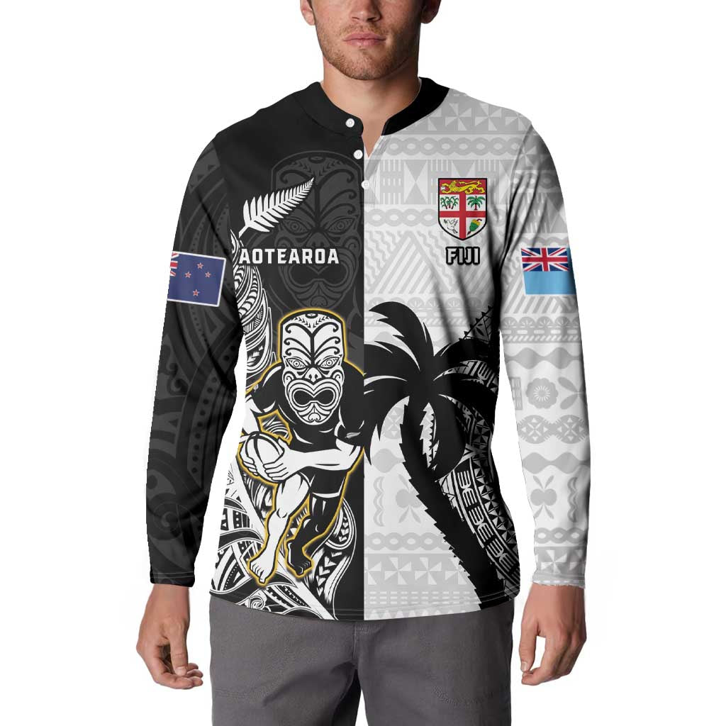 Custom Fiji And New Zealand Rugby Button Sweatshirt Aotearoa Silver Fern Mix Fijian Tapa Pattern LT14 - Polynesian Pride