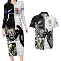 Custom Fiji And New Zealand Rugby Couples Matching Long Sleeve Bodycon Dress and Hawaiian Shirt Aotearoa Silver Fern Mix Fijian Tapa Pattern LT14 Black - Polynesian Pride
