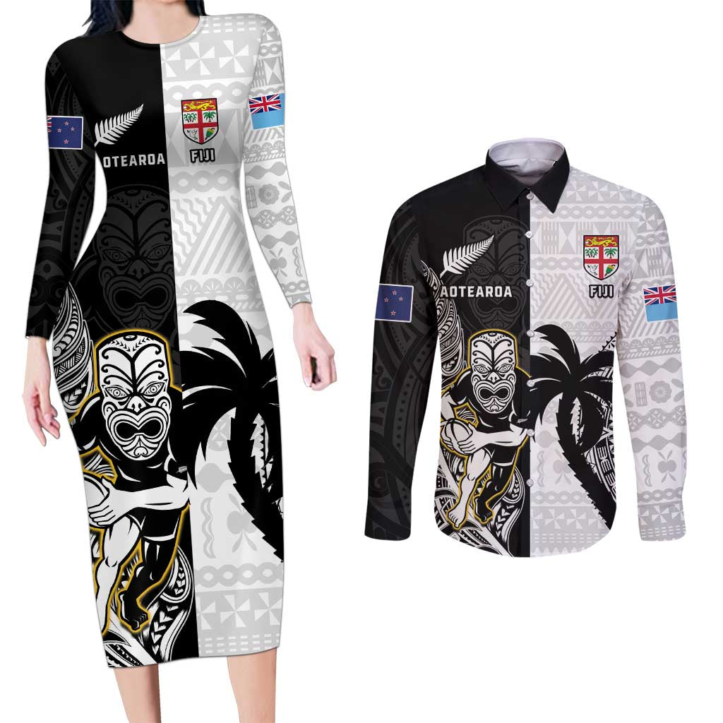 Custom Fiji And New Zealand Rugby Couples Matching Long Sleeve Bodycon Dress and Long Sleeve Button Shirt Aotearoa Silver Fern Mix Fijian Tapa Pattern LT14 Black - Polynesian Pride