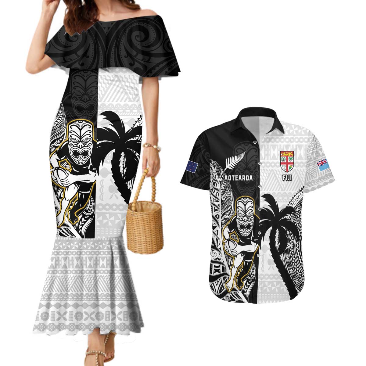 Custom Fiji And New Zealand Rugby Couples Matching Mermaid Dress and Hawaiian Shirt Aotearoa Silver Fern Mix Fijian Tapa Pattern LT14 Black - Polynesian Pride