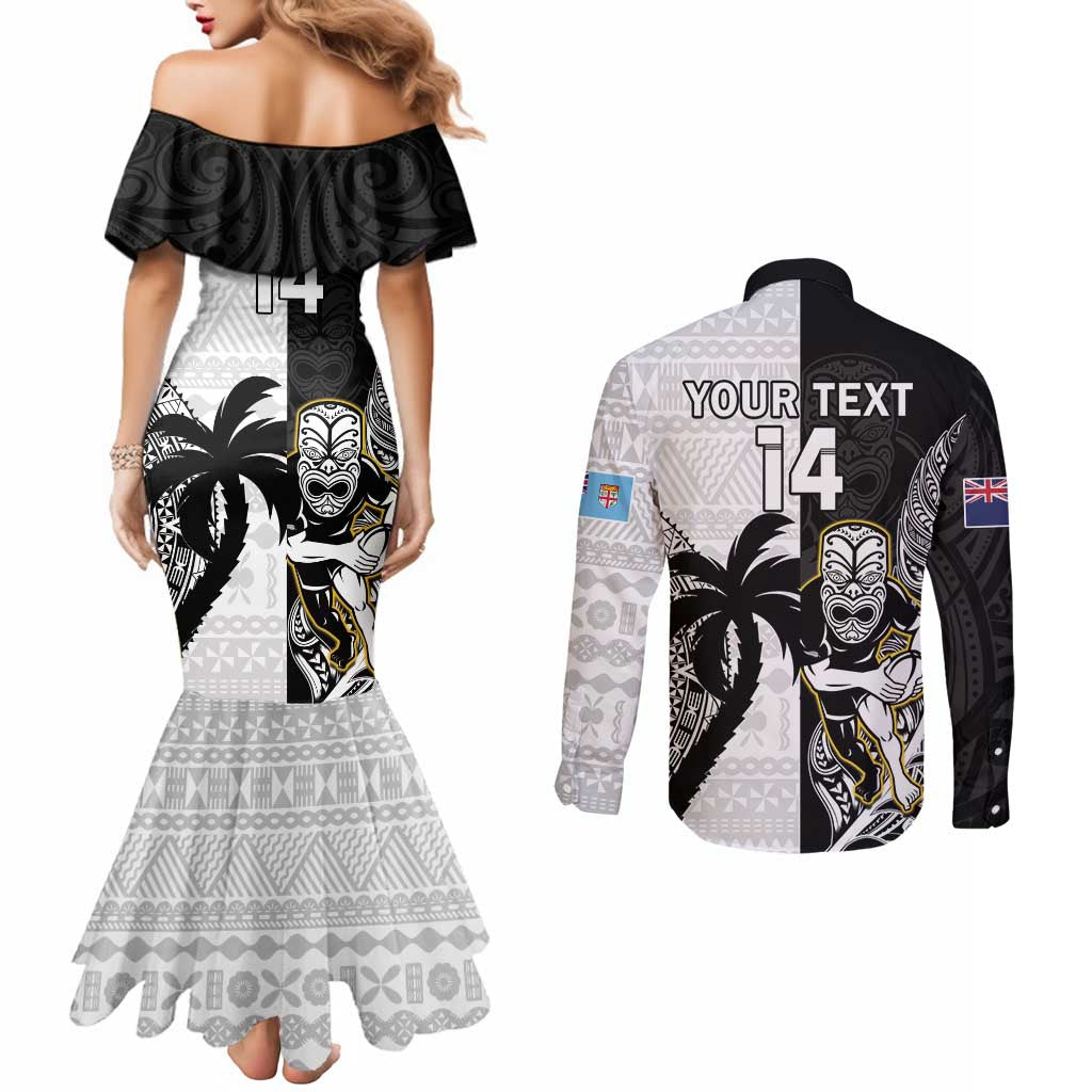 Custom Fiji And New Zealand Rugby Couples Matching Mermaid Dress and Long Sleeve Button Shirt Aotearoa Silver Fern Mix Fijian Tapa Pattern LT14 - Polynesian Pride