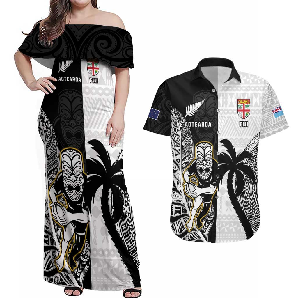 Custom Fiji And New Zealand Rugby Couples Matching Off Shoulder Maxi Dress and Hawaiian Shirt Aotearoa Silver Fern Mix Fijian Tapa Pattern LT14 Black - Polynesian Pride
