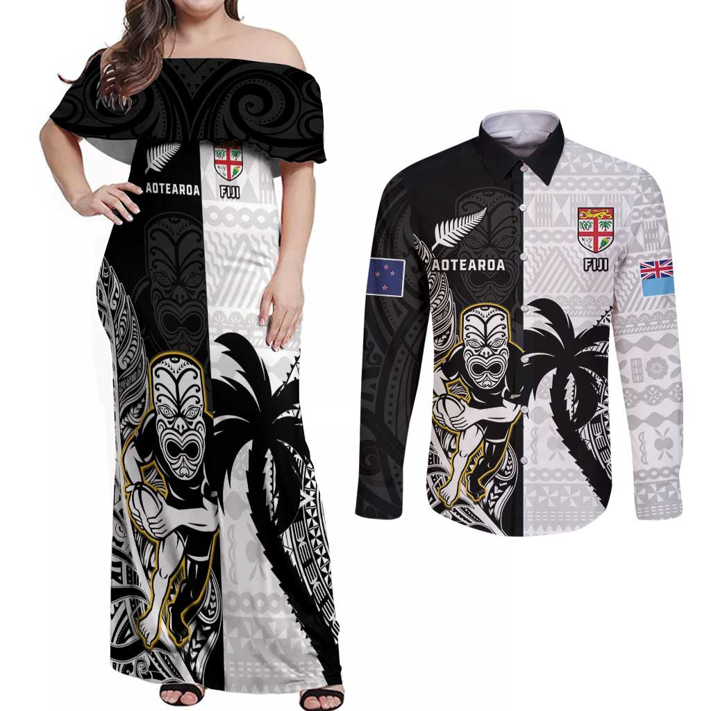 Custom Fiji And New Zealand Rugby Couples Matching Off Shoulder Maxi Dress and Long Sleeve Button Shirt Aotearoa Silver Fern Mix Fijian Tapa Pattern LT14 Black - Polynesian Pride