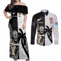 Custom Fiji And New Zealand Rugby Couples Matching Off Shoulder Maxi Dress and Long Sleeve Button Shirt Aotearoa Silver Fern Mix Fijian Tapa Pattern LT14 Black - Polynesian Pride