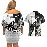 Custom Fiji And New Zealand Rugby Couples Matching Off Shoulder Short Dress and Hawaiian Shirt Aotearoa Silver Fern Mix Fijian Tapa Pattern LT14 - Polynesian Pride