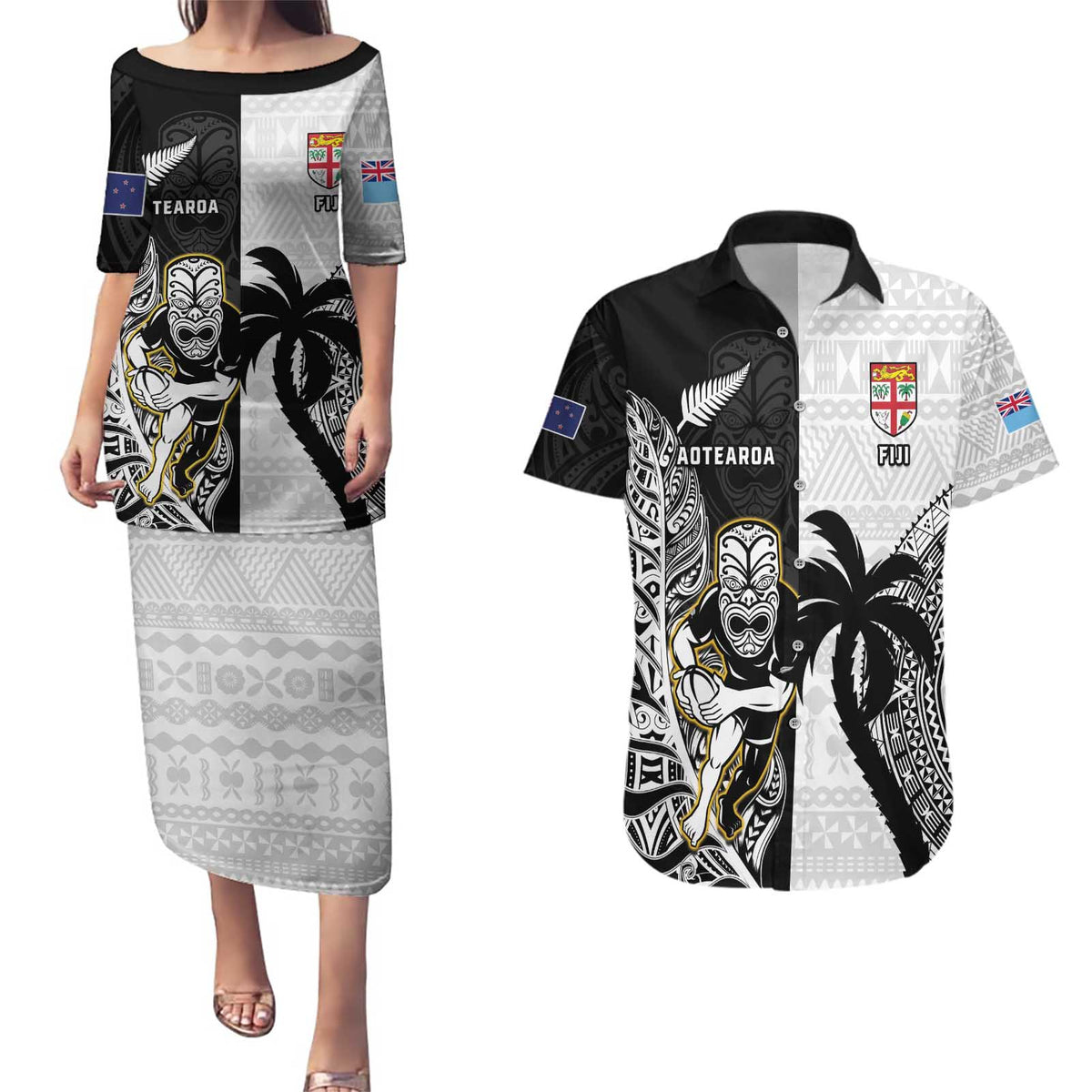 Custom Fiji And New Zealand Rugby Couples Matching Puletasi and Hawaiian Shirt Aotearoa Silver Fern Mix Fijian Tapa Pattern LT14 Black - Polynesian Pride