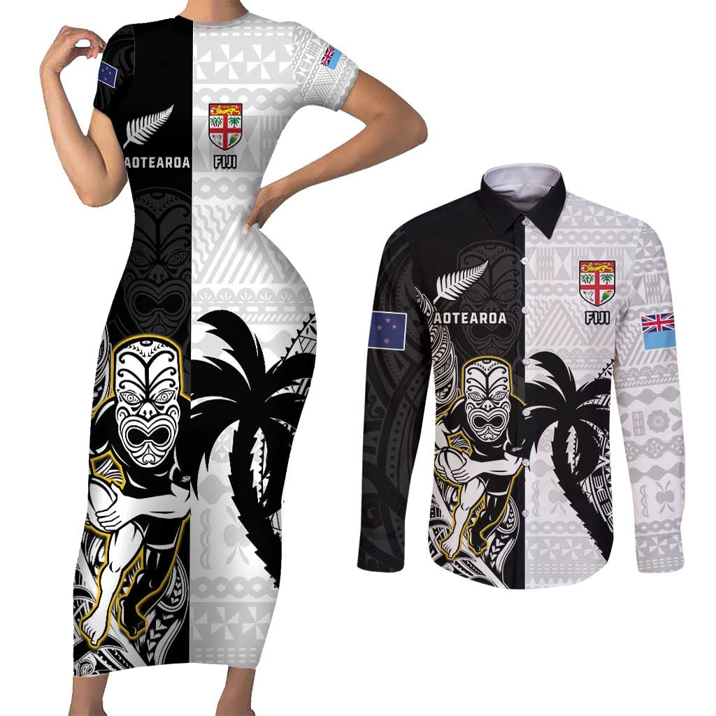 Custom Fiji And New Zealand Rugby Couples Matching Short Sleeve Bodycon Dress and Long Sleeve Button Shirt Aotearoa Silver Fern Mix Fijian Tapa Pattern LT14 Black - Polynesian Pride