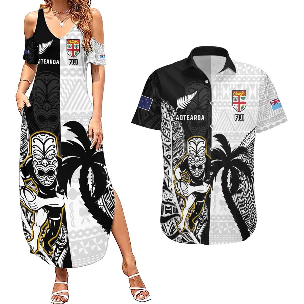 Custom Fiji And New Zealand Rugby Couples Matching Summer Maxi Dress and Hawaiian Shirt Aotearoa Silver Fern Mix Fijian Tapa Pattern LT14 Black - Polynesian Pride