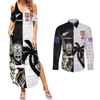 Custom Fiji And New Zealand Rugby Couples Matching Summer Maxi Dress and Long Sleeve Button Shirt Aotearoa Silver Fern Mix Fijian Tapa Pattern LT14 Black - Polynesian Pride
