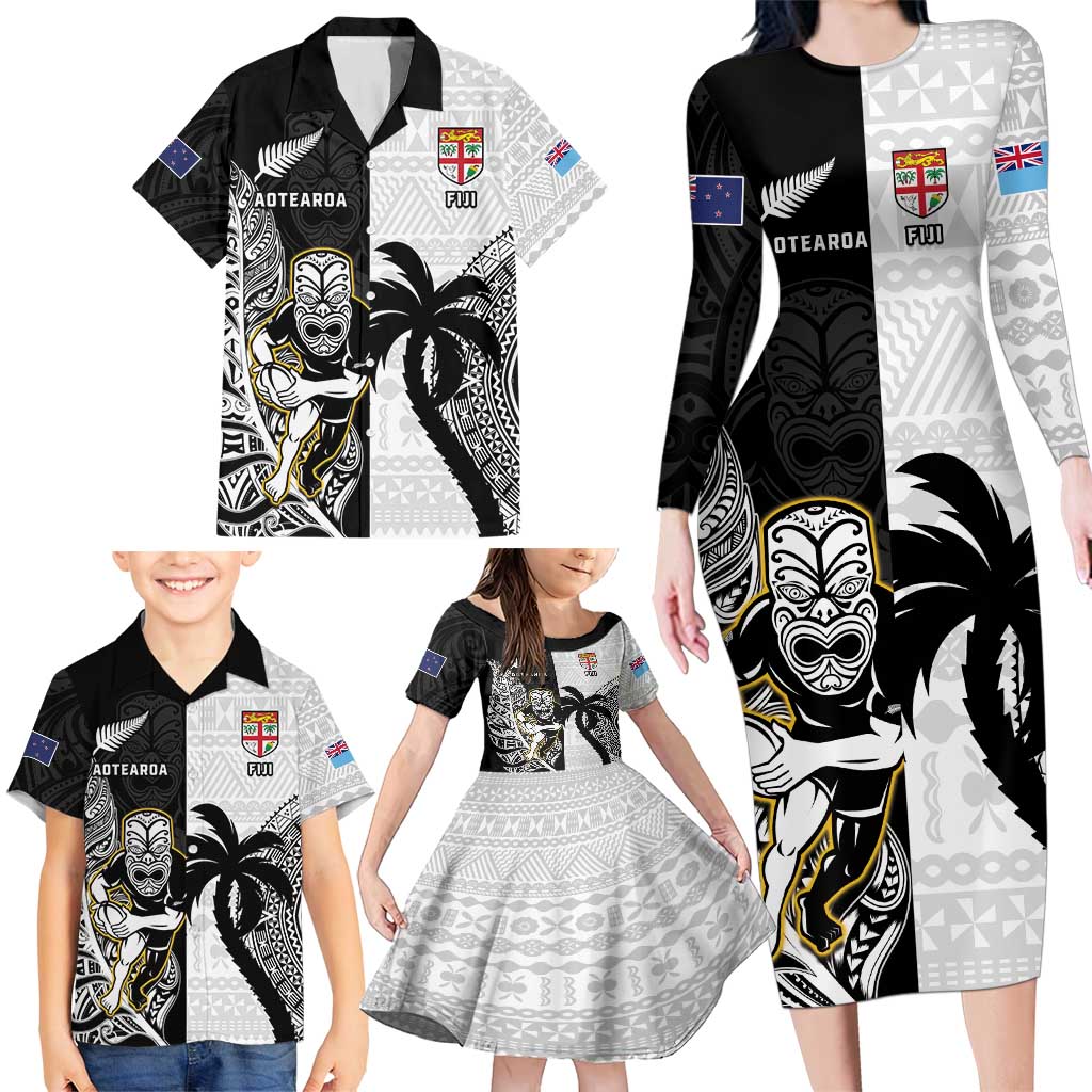 Custom Fiji And New Zealand Rugby Family Matching Long Sleeve Bodycon Dress and Hawaiian Shirt Aotearoa Silver Fern Mix Fijian Tapa Pattern LT14 - Polynesian Pride