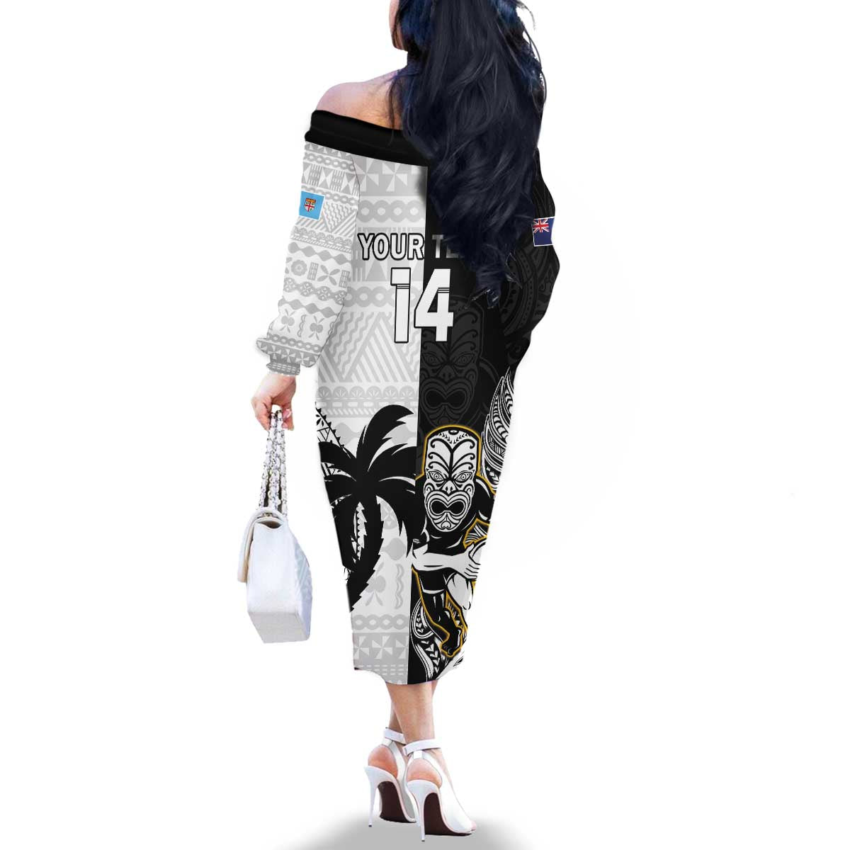 Custom Fiji And New Zealand Rugby Family Matching Off The Shoulder Long Sleeve Dress and Hawaiian Shirt Aotearoa Silver Fern Mix Fijian Tapa Pattern LT14 - Polynesian Pride