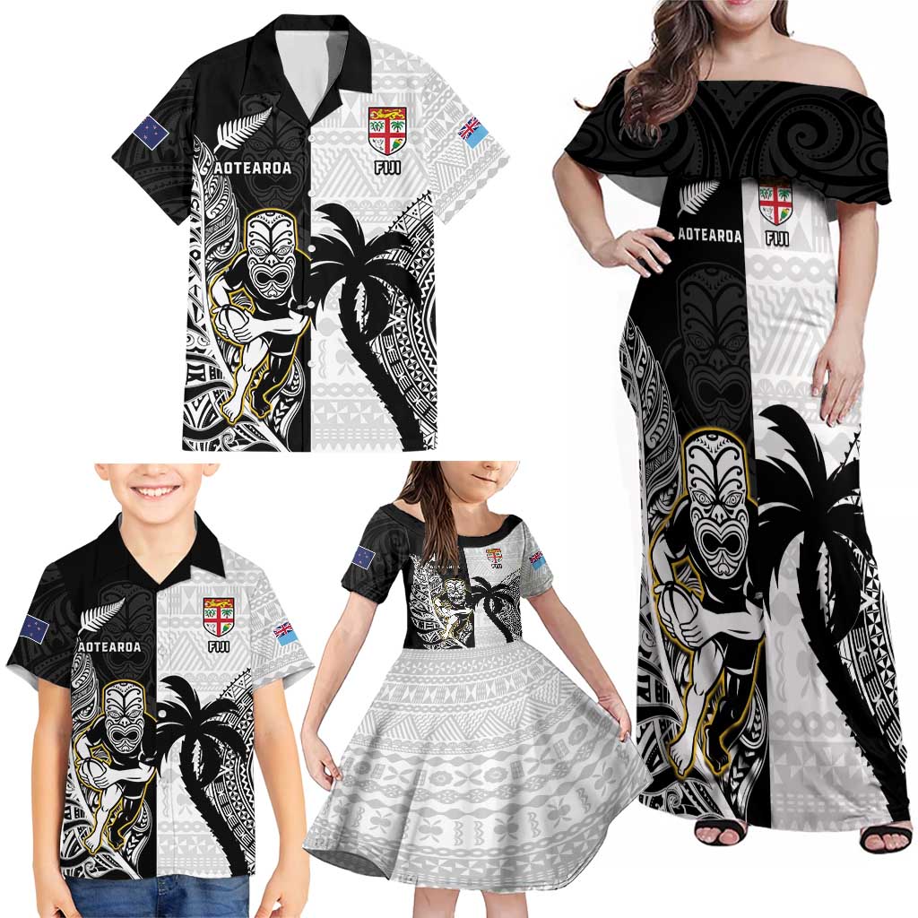 Custom Fiji And New Zealand Rugby Family Matching Off Shoulder Maxi Dress and Hawaiian Shirt Aotearoa Silver Fern Mix Fijian Tapa Pattern LT14 - Polynesian Pride