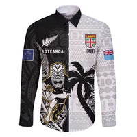 Custom Fiji And New Zealand Rugby Family Matching Off Shoulder Maxi Dress and Hawaiian Shirt Aotearoa Silver Fern Mix Fijian Tapa Pattern LT14 Dad's Shirt - Long Sleeve Black - Polynesian Pride