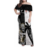 Custom Fiji And New Zealand Rugby Family Matching Off Shoulder Maxi Dress and Hawaiian Shirt Aotearoa Silver Fern Mix Fijian Tapa Pattern LT14 Mom's Dress Black - Polynesian Pride