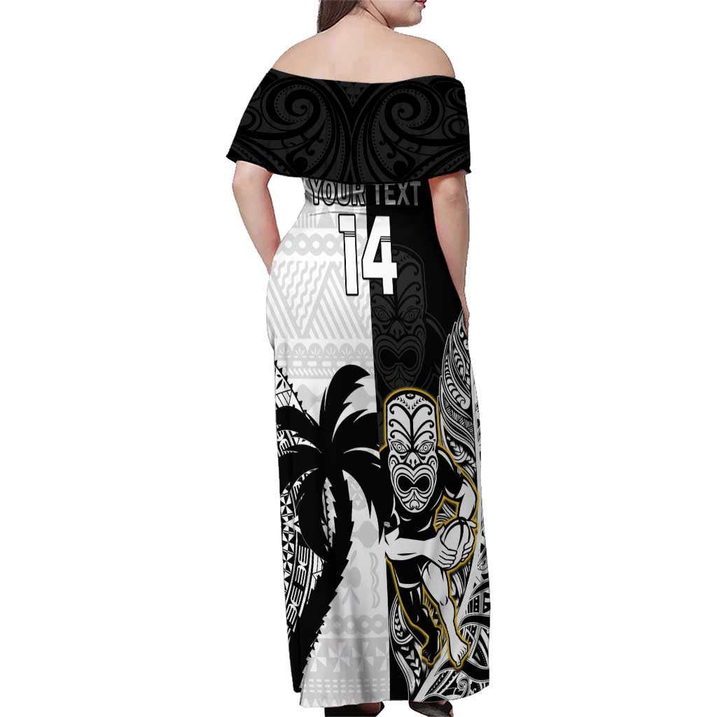 Custom Fiji And New Zealand Rugby Family Matching Off Shoulder Maxi Dress and Hawaiian Shirt Aotearoa Silver Fern Mix Fijian Tapa Pattern LT14 - Polynesian Pride