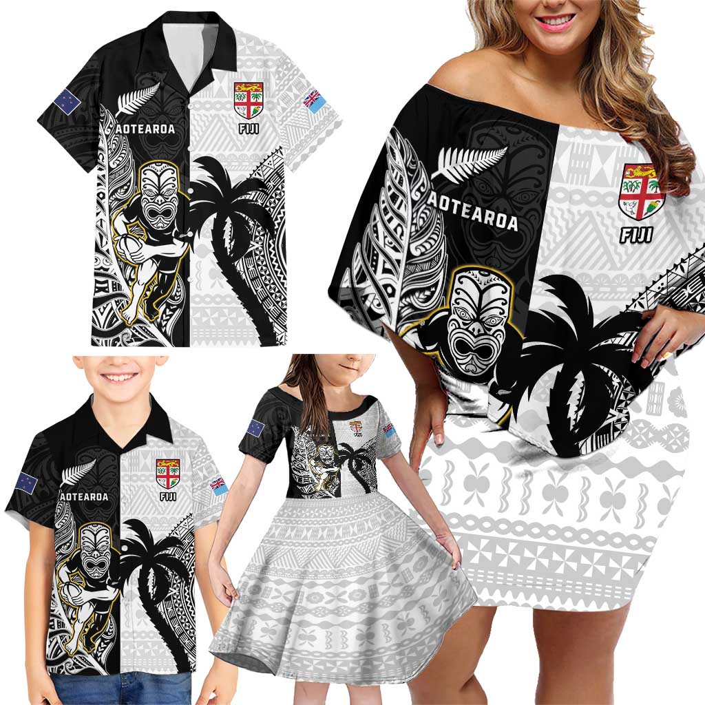 Custom Fiji And New Zealand Rugby Family Matching Off Shoulder Short Dress and Hawaiian Shirt Aotearoa Silver Fern Mix Fijian Tapa Pattern LT14 - Polynesian Pride