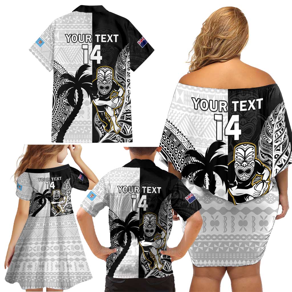 Custom Fiji And New Zealand Rugby Family Matching Off Shoulder Short Dress and Hawaiian Shirt Aotearoa Silver Fern Mix Fijian Tapa Pattern LT14 - Polynesian Pride
