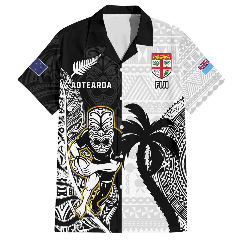 Custom Fiji And New Zealand Rugby Family Matching Off Shoulder Short Dress and Hawaiian Shirt Aotearoa Silver Fern Mix Fijian Tapa Pattern LT14 Dad's Shirt - Short Sleeve Black - Polynesian Pride