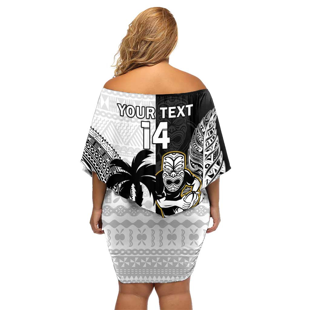 Custom Fiji And New Zealand Rugby Family Matching Off Shoulder Short Dress and Hawaiian Shirt Aotearoa Silver Fern Mix Fijian Tapa Pattern LT14 - Polynesian Pride