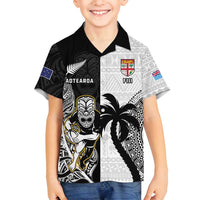 Custom Fiji And New Zealand Rugby Family Matching Off Shoulder Short Dress and Hawaiian Shirt Aotearoa Silver Fern Mix Fijian Tapa Pattern LT14 Son's Shirt Black - Polynesian Pride