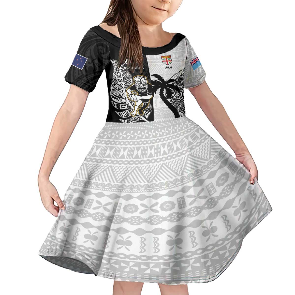 Custom Fiji And New Zealand Rugby Family Matching Puletasi and Hawaiian Shirt Aotearoa Silver Fern Mix Fijian Tapa Pattern LT14 Daughter's Dress Black - Polynesian Pride
