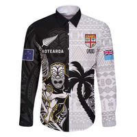 Custom Fiji And New Zealand Rugby Family Matching Puletasi and Hawaiian Shirt Aotearoa Silver Fern Mix Fijian Tapa Pattern LT14 Dad's Shirt - Long Sleeve Black - Polynesian Pride