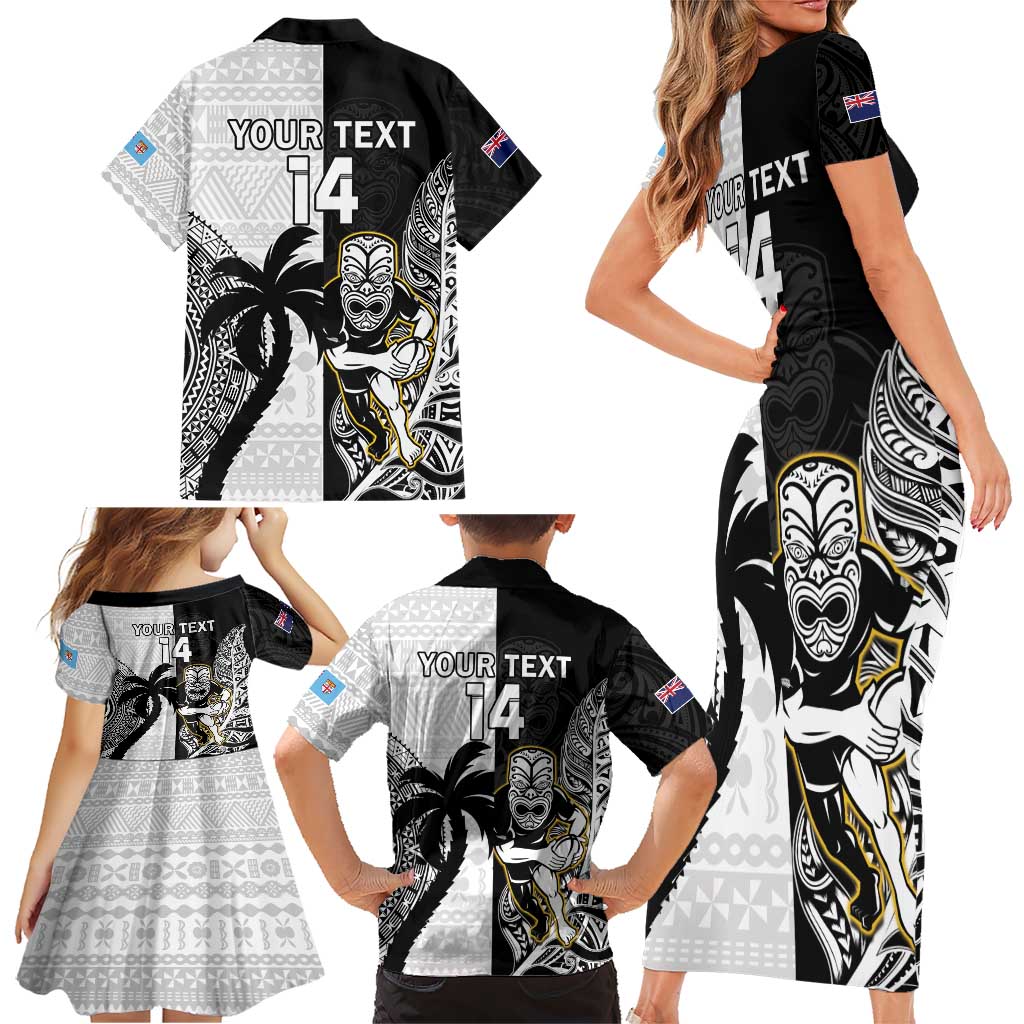 Custom Fiji And New Zealand Rugby Family Matching Short Sleeve Bodycon Dress and Hawaiian Shirt Aotearoa Silver Fern Mix Fijian Tapa Pattern LT14 - Polynesian Pride