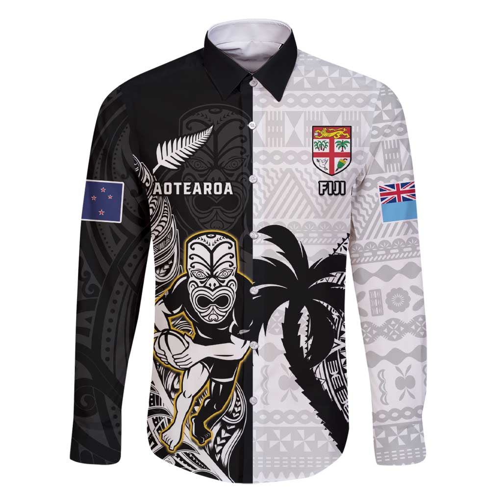 Custom Fiji And New Zealand Rugby Family Matching Short Sleeve Bodycon Dress and Hawaiian Shirt Aotearoa Silver Fern Mix Fijian Tapa Pattern LT14 Dad's Shirt - Long Sleeve Black - Polynesian Pride