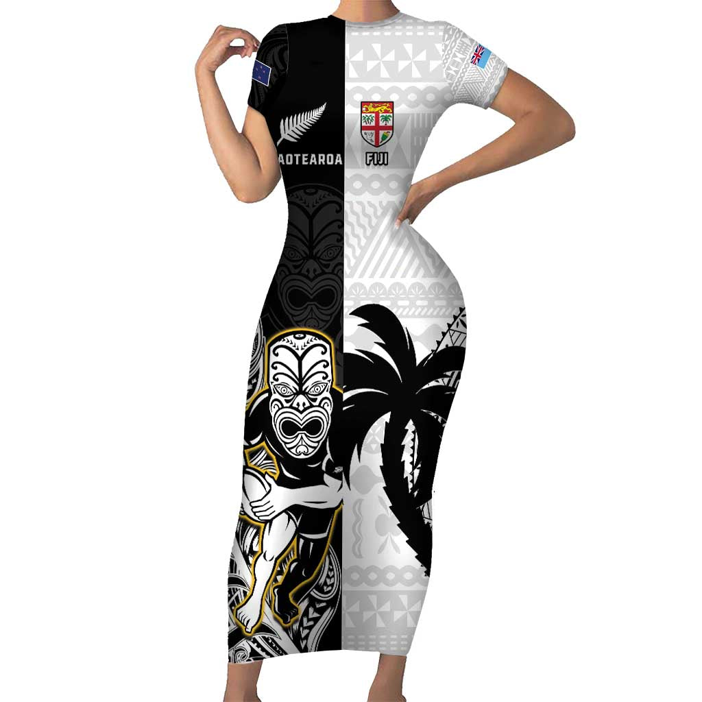 Custom Fiji And New Zealand Rugby Family Matching Short Sleeve Bodycon Dress and Hawaiian Shirt Aotearoa Silver Fern Mix Fijian Tapa Pattern LT14 Mom's Dress Black - Polynesian Pride
