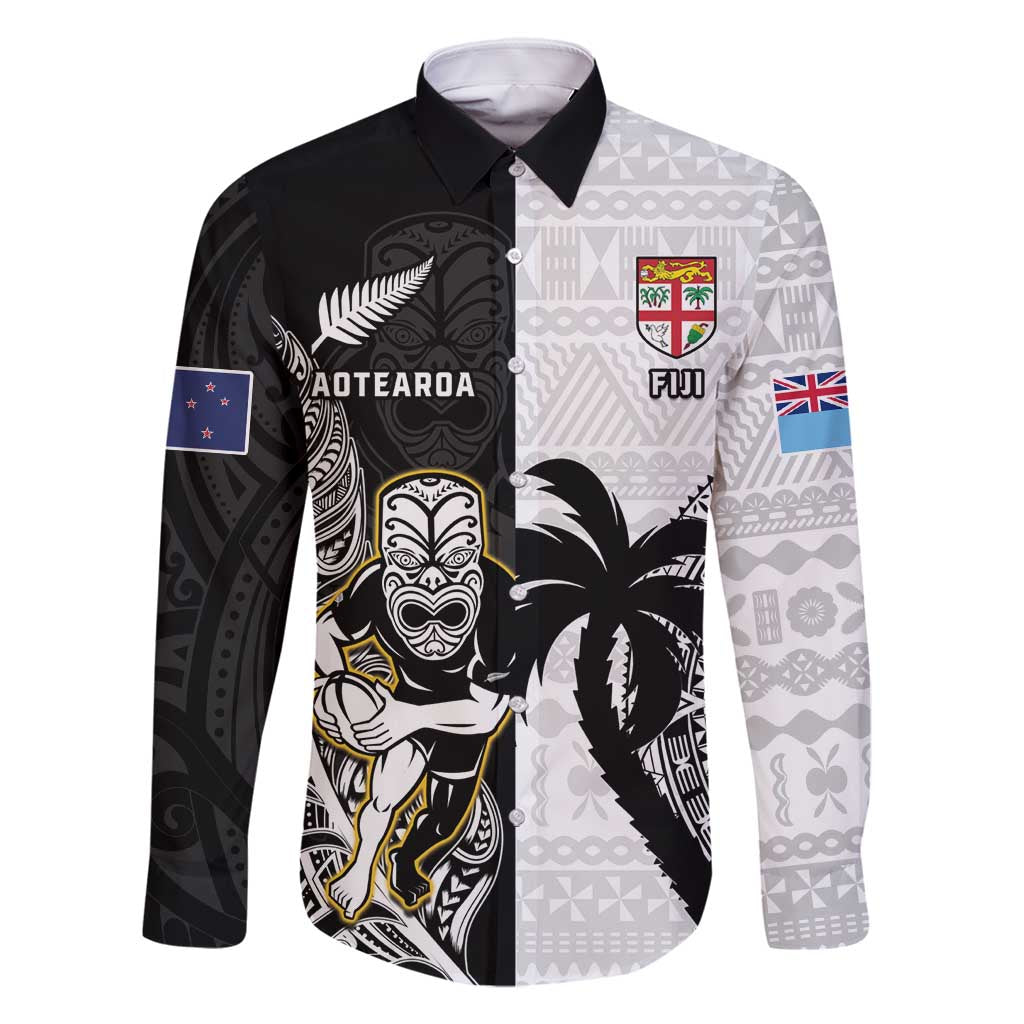 Custom Fiji And New Zealand Rugby Family Matching Summer Maxi Dress and Hawaiian Shirt Aotearoa Silver Fern Mix Fijian Tapa Pattern LT14 Dad's Shirt - Long Sleeve Black - Polynesian Pride