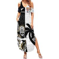 Custom Fiji And New Zealand Rugby Family Matching Summer Maxi Dress and Hawaiian Shirt Aotearoa Silver Fern Mix Fijian Tapa Pattern LT14 Mom's Dress Black - Polynesian Pride