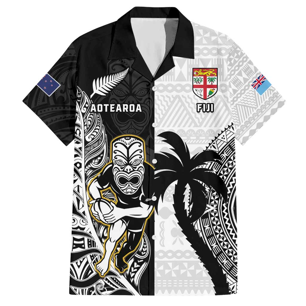 Custom Fiji And New Zealand Rugby Hawaiian Shirt Aotearoa Silver Fern Mix Fijian Tapa Pattern LT14 Black - Polynesian Pride