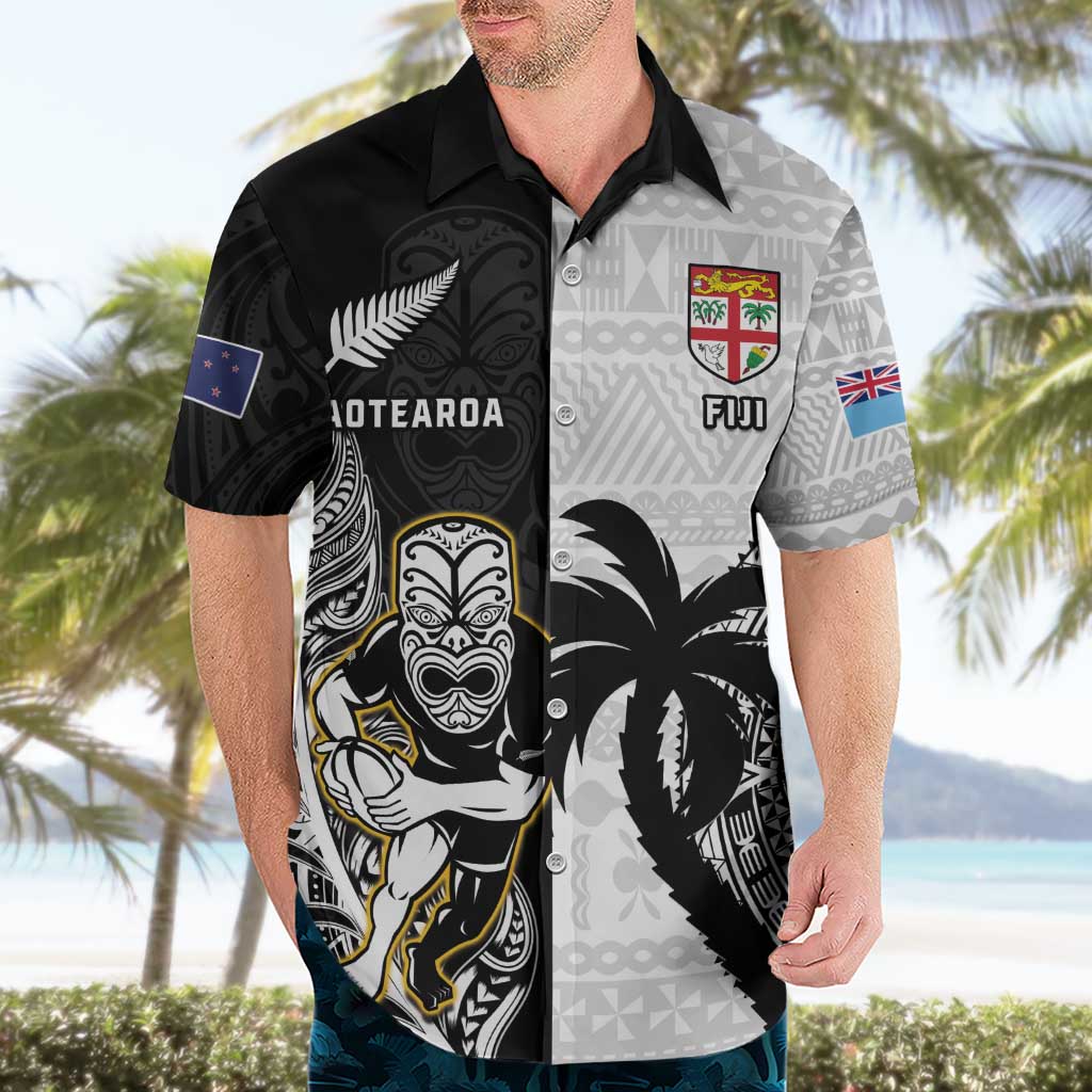 Custom Fiji And New Zealand Rugby Hawaiian Shirt Aotearoa Silver Fern Mix Fijian Tapa Pattern LT14 - Polynesian Pride