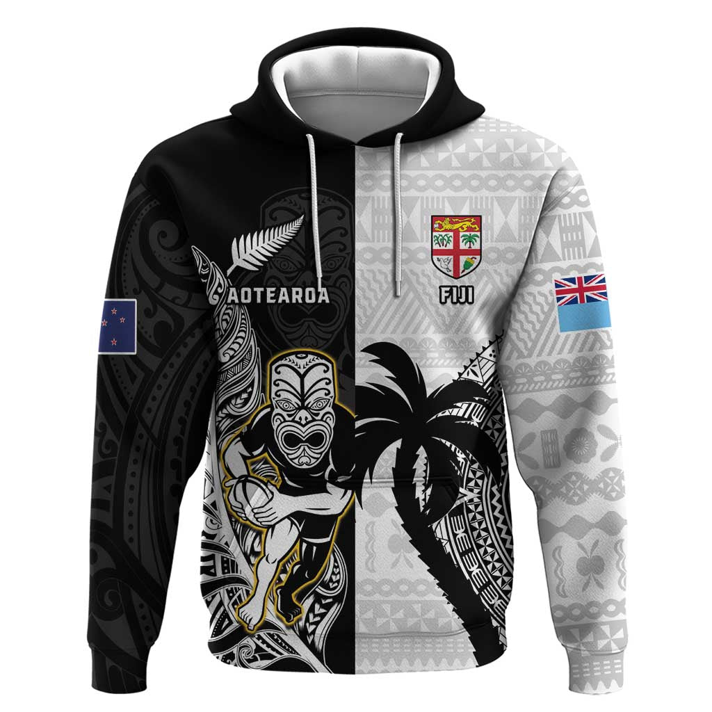 Custom Fiji And New Zealand Rugby Hoodie Aotearoa Silver Fern Mix Fijian Tapa Pattern LT14 Pullover Hoodie Black - Polynesian Pride