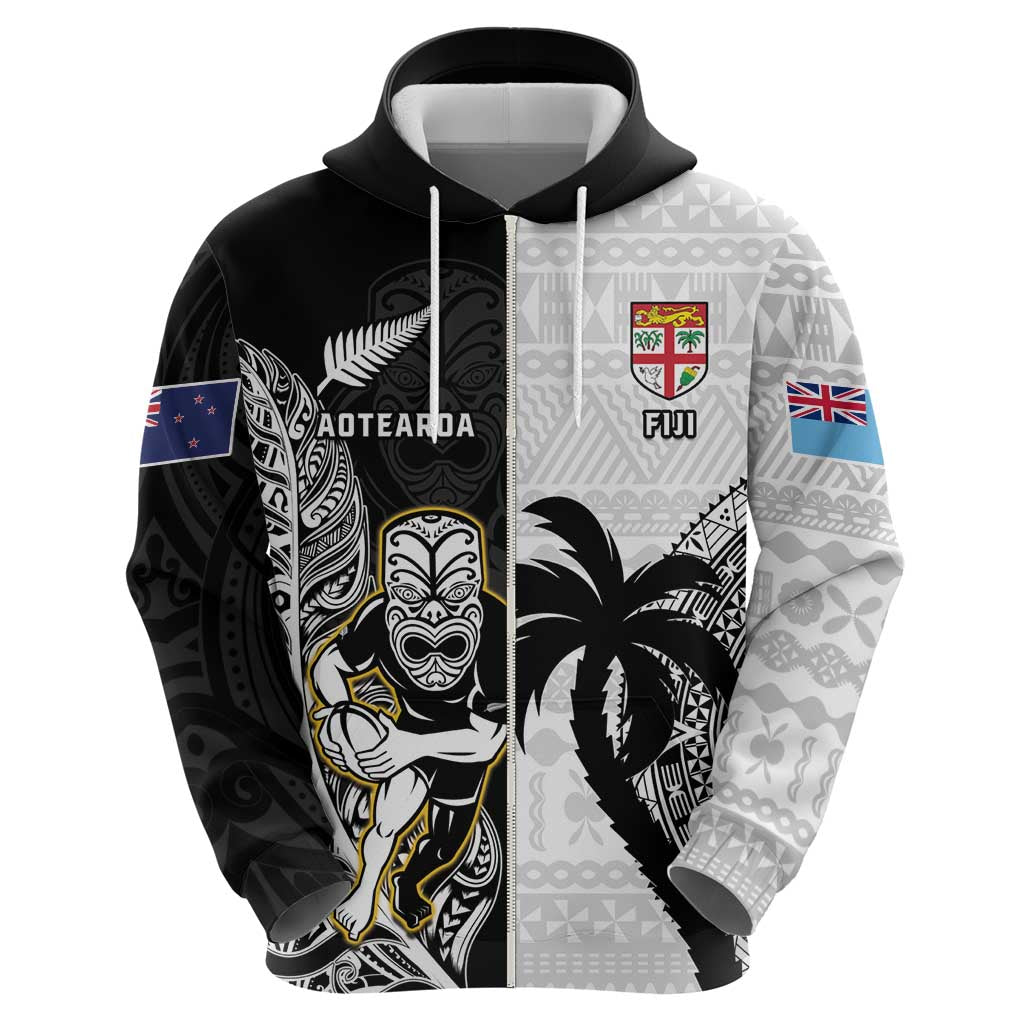Custom Fiji And New Zealand Rugby Hoodie Aotearoa Silver Fern Mix Fijian Tapa Pattern LT14 - Polynesian Pride