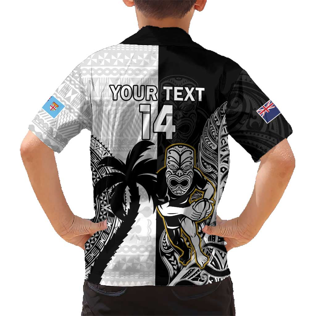Custom Fiji And New Zealand Rugby Kid Hawaiian Shirt Aotearoa Silver Fern Mix Fijian Tapa Pattern LT14 - Polynesian Pride