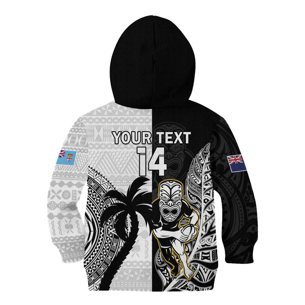 Custom Fiji And New Zealand Rugby Kid Hoodie Aotearoa Silver Fern Mix Fijian Tapa Pattern LT14 - Polynesian Pride