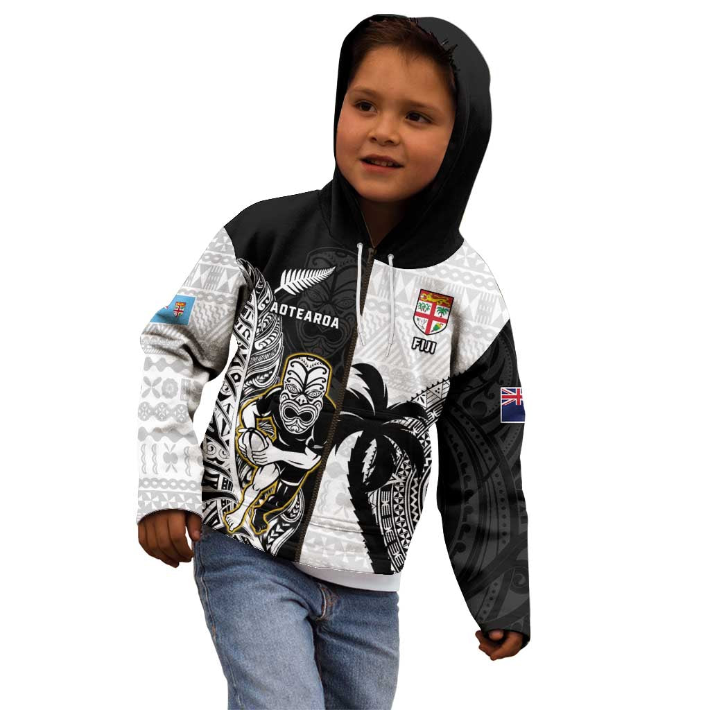 Custom Fiji And New Zealand Rugby Kid Hoodie Aotearoa Silver Fern Mix Fijian Tapa Pattern LT14 - Polynesian Pride