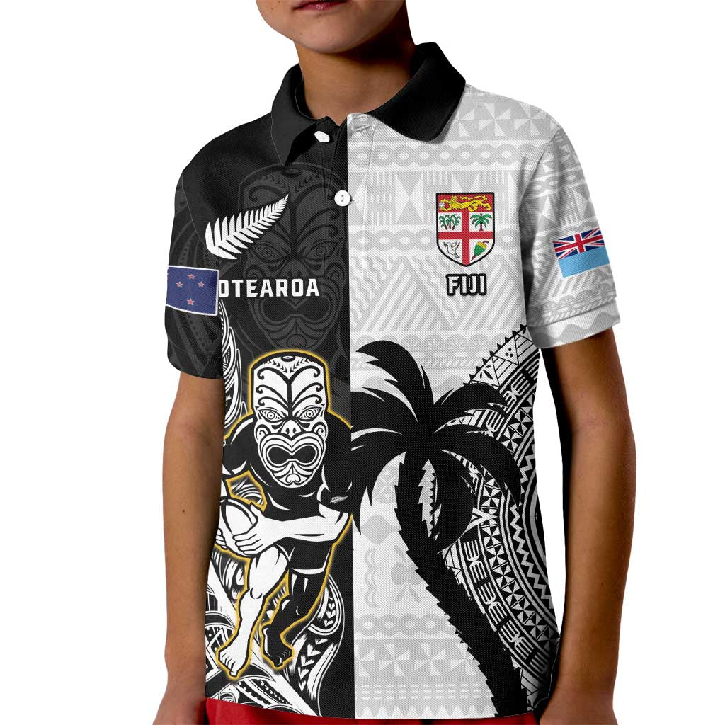 Custom Fiji And New Zealand Rugby Kid Polo Shirt Aotearoa Silver Fern Mix Fijian Tapa Pattern LT14 Kid Black - Polynesian Pride