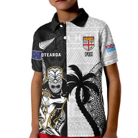 Custom Fiji And New Zealand Rugby Kid Polo Shirt Aotearoa Silver Fern Mix Fijian Tapa Pattern LT14 Kid Black - Polynesian Pride