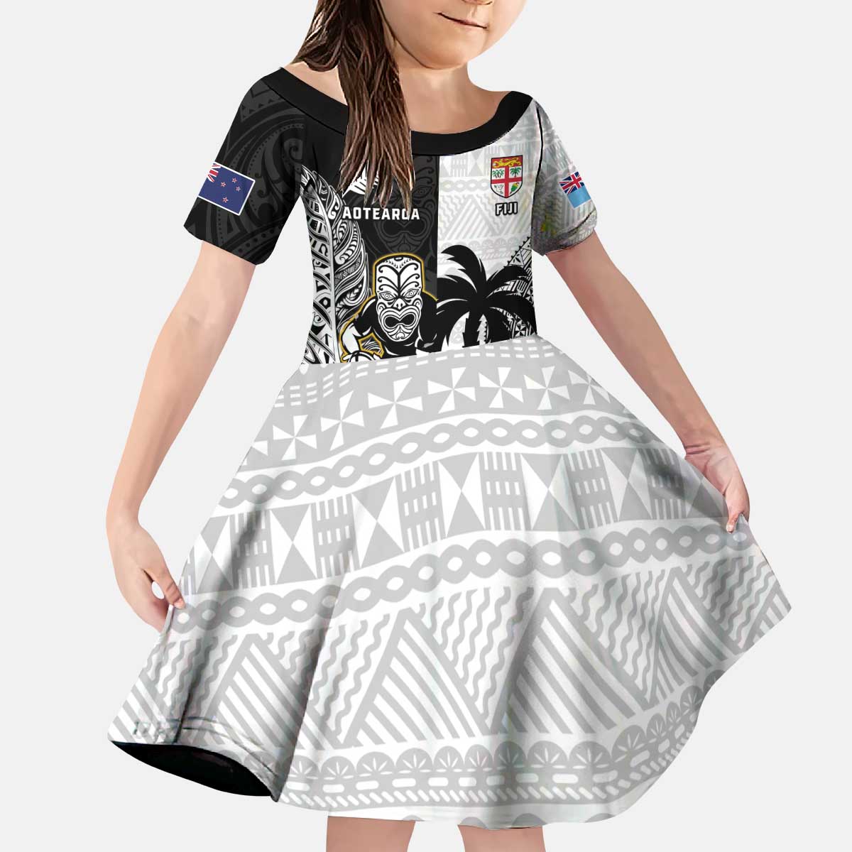 Custom Fiji And New Zealand Rugby Kid Short Sleeve Dress Aotearoa Silver Fern Mix Fijian Tapa Pattern LT14 KID Black - Polynesian Pride