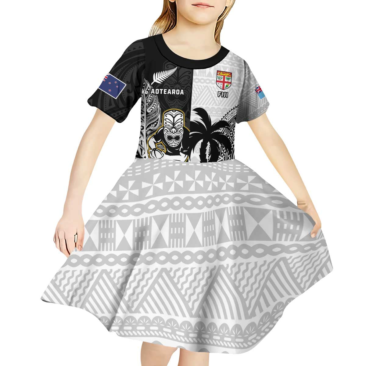Custom Fiji And New Zealand Rugby Kid Short Sleeve Dress Aotearoa Silver Fern Mix Fijian Tapa Pattern LT14 - Polynesian Pride